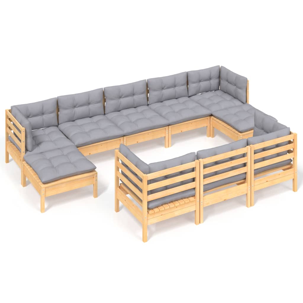 vidaXL 10-Piece Lounge Set with Grey Cushions Solid Pinewood