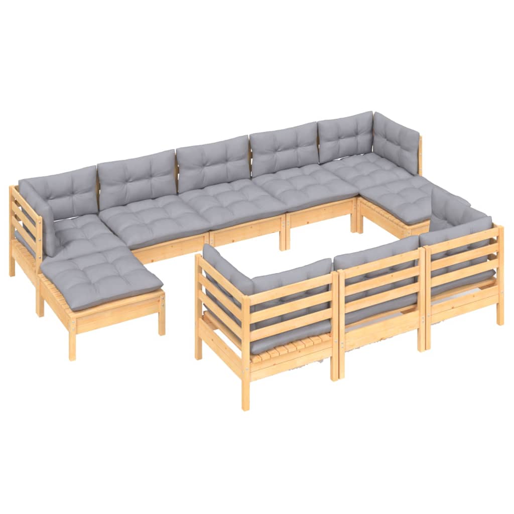 vidaXL 10-Piece Lounge Set with Grey Cushions Solid Pinewood