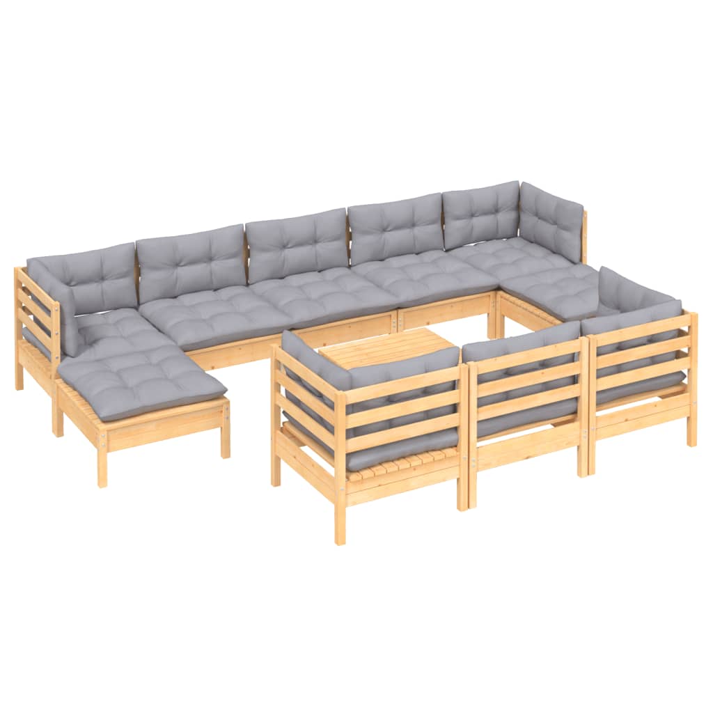 vidaXL 11-Piece Lounge Set with Grey Cushions Solid Pine Wood
