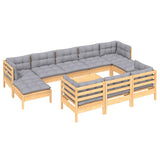 vidaXL 11-Piece Lounge Set with Grey Cushions Solid Pine Wood