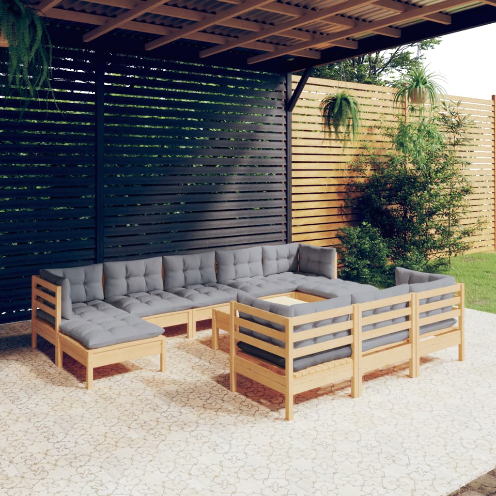 vidaXL 11-Piece Lounge Set with Grey Cushions Solid Pine Wood