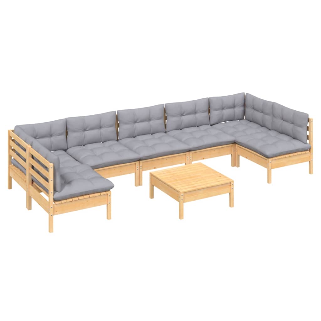 vidaXL 8-Piece Lounge Set with Grey Cushions Solid Pinewood