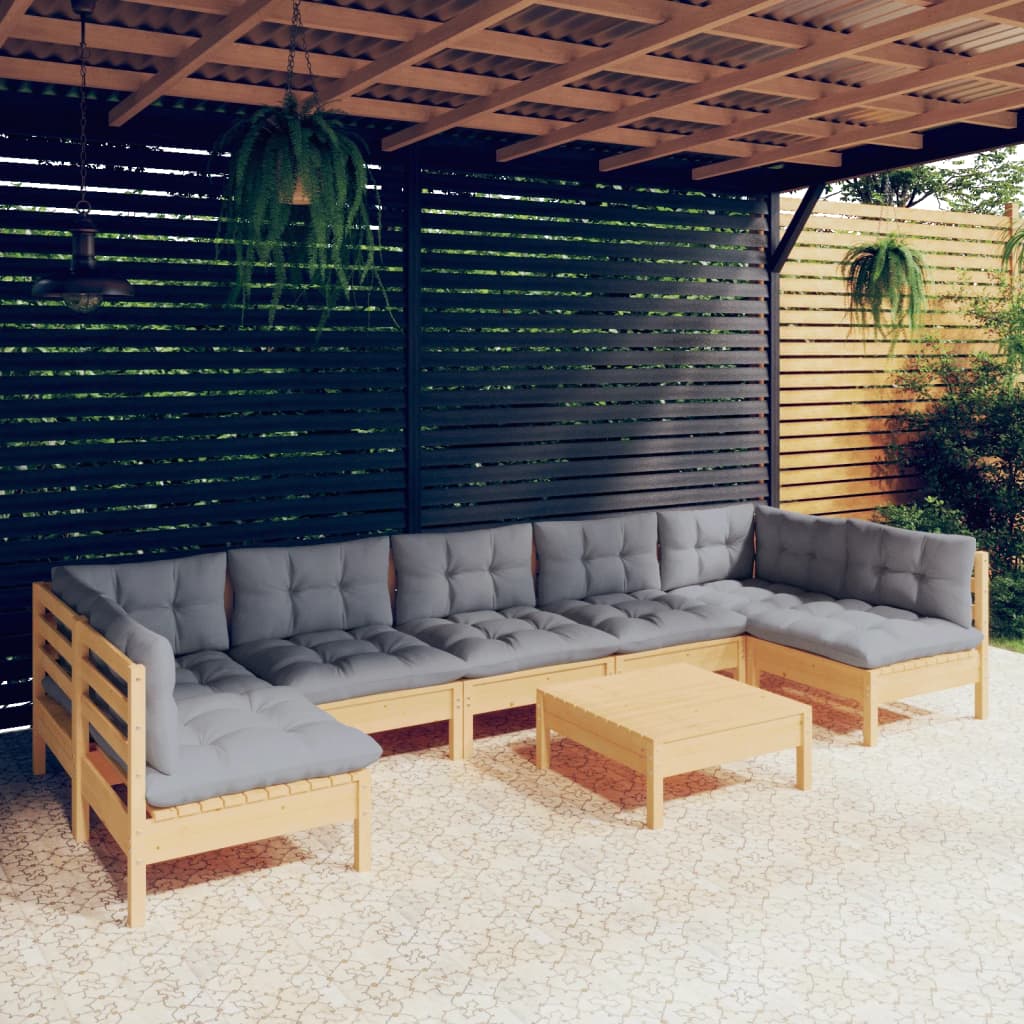 vidaXL 8-Piece Lounge Set with Grey Cushions Solid Pinewood