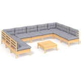 vidaXL 10-Piece Lounge Set with Grey Cushions Solid Pinewood