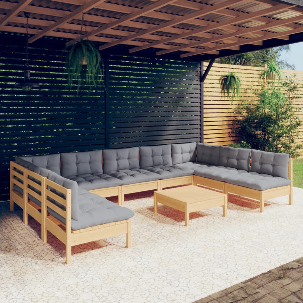 vidaXL 10-Piece Lounge Set with Grey Cushions Solid Pinewood