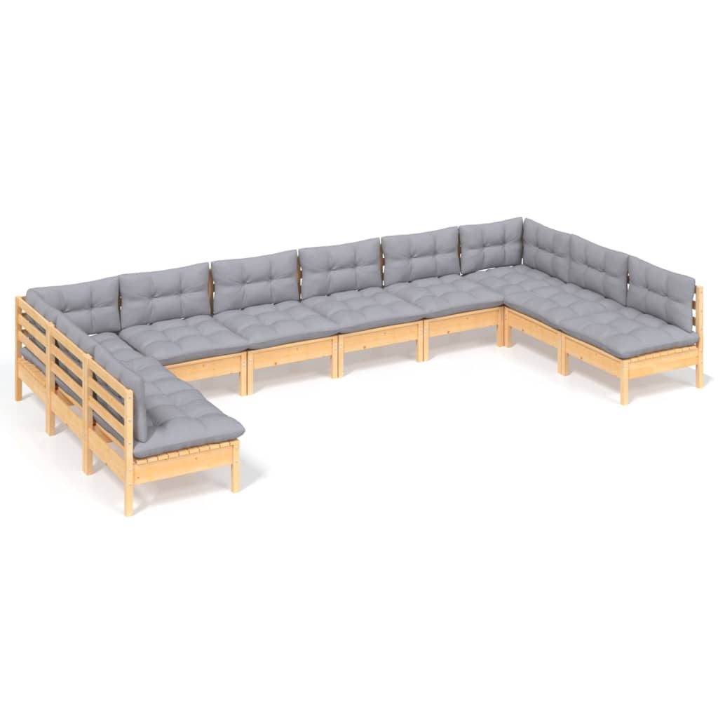 vidaXL 10-Piece Lounge Set with Grey Cushions Solid Pinewood