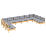 vidaXL 10-Piece Lounge Set with Grey Cushions Solid Pinewood