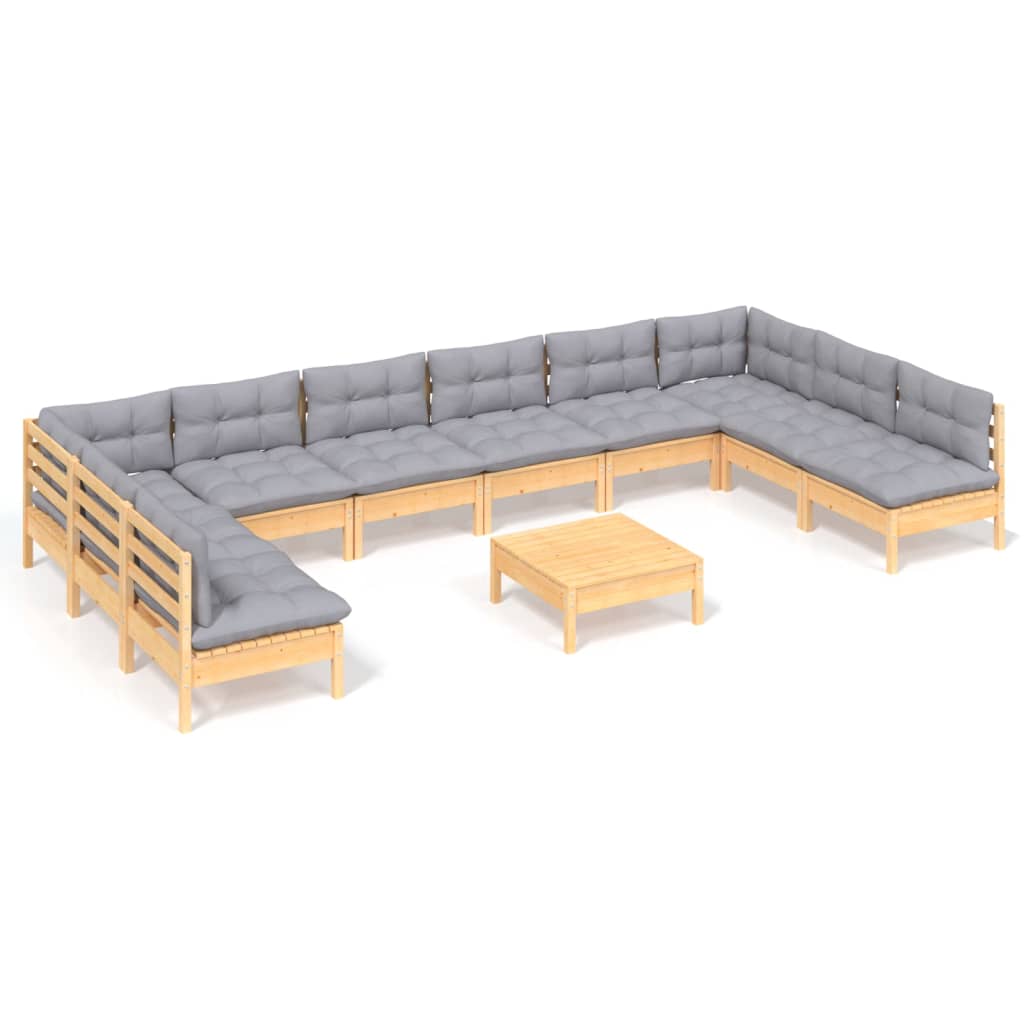 vidaXL 11-Piece Lounge Set with Grey Cushions Solid Pine Wood