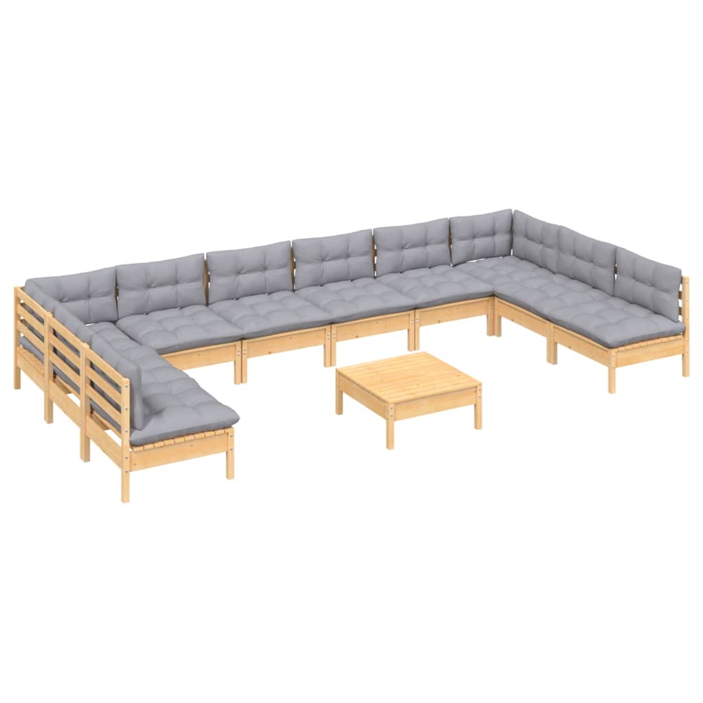 vidaXL 11-Piece Lounge Set with Grey Cushions Solid Pine Wood