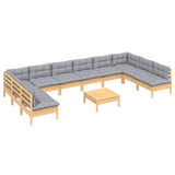 vidaXL 11-Piece Lounge Set with Grey Cushions Solid Pine Wood