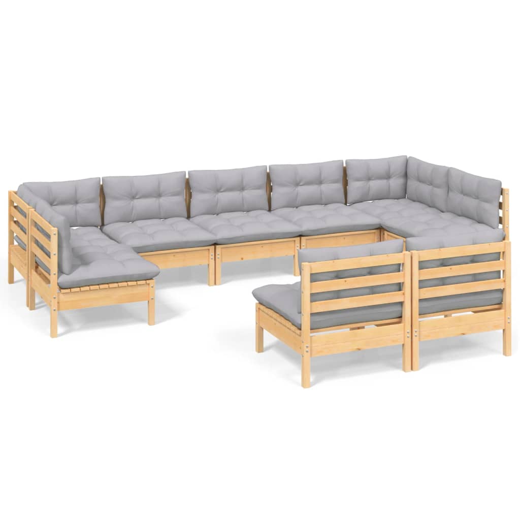 vidaXL 9-piece Lounge Set with Grey Cushions Solid Pine Wood