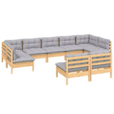 vidaXL 9-piece Lounge Set with Grey Cushions Solid Pine Wood