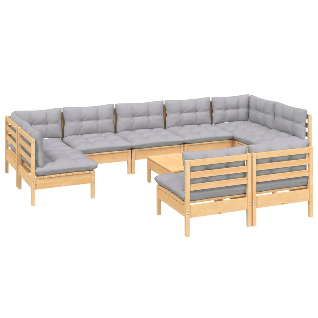 vidaXL 10-Piece Lounge Set with Grey Cushions Solid Pinewood