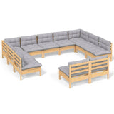 vidaXL 11-Piece Lounge Set with Grey Cushions Solid Pine Wood