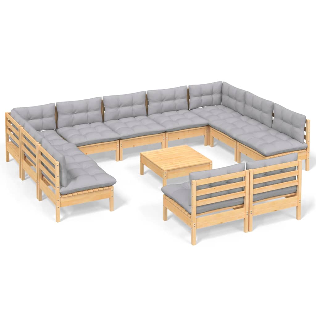 vidaXL 12-piece Lounge Set with Grey Cushions Solid Pine Wood