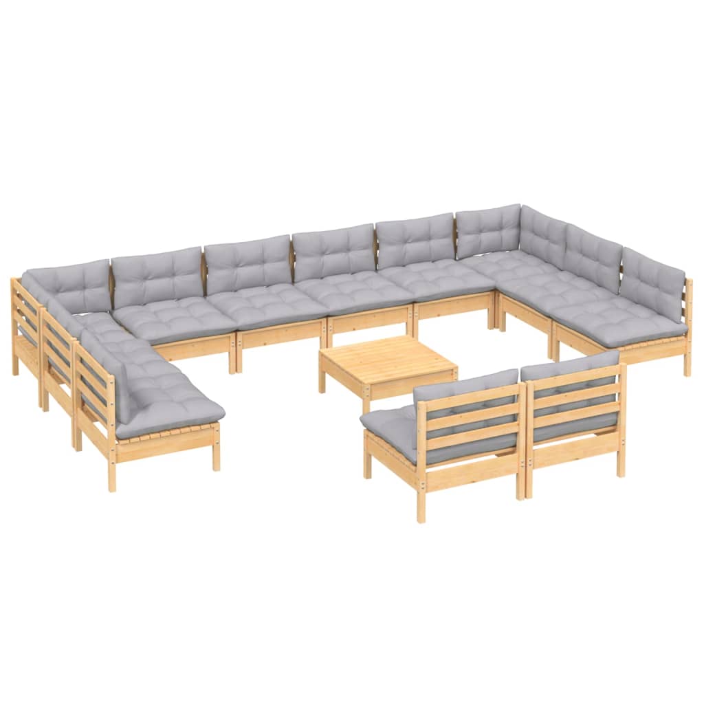 vidaXL 13-Piece Lounge Set with Grey Cushions Solid Pine Wood