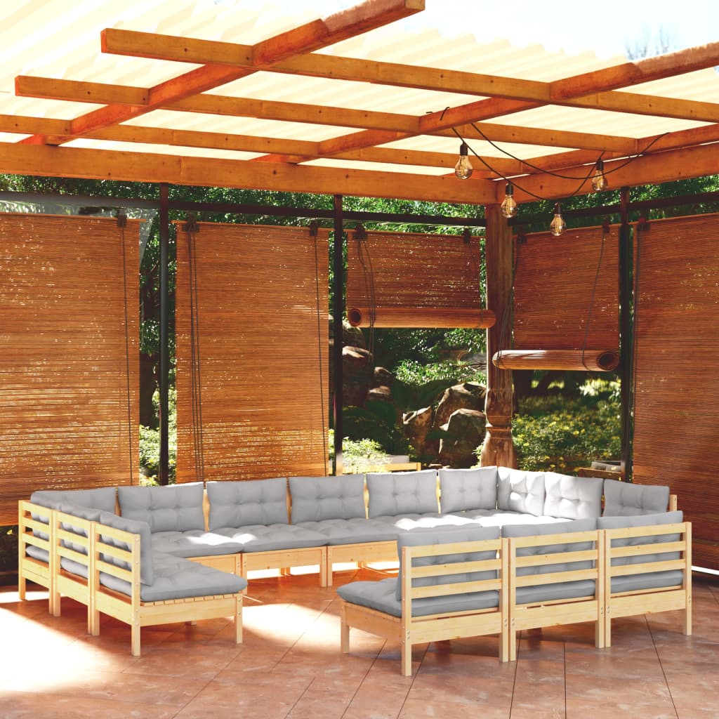 vidaXL 13-Piece Lounge Set with Grey Cushions Solid Pine Wood
