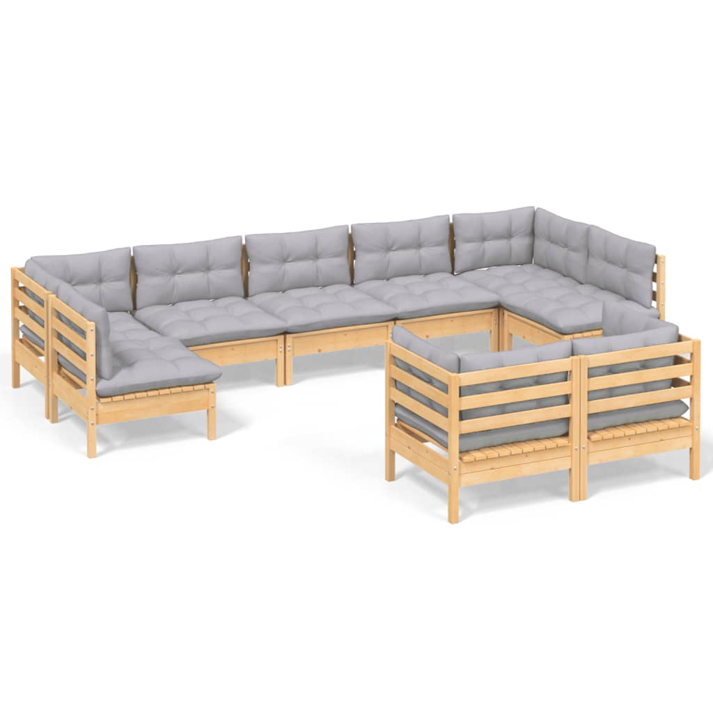 vidaXL 9-piece Lounge Set with Grey Cushions Solid Pine Wood