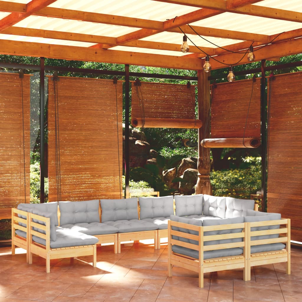 vidaXL 9-piece Lounge Set with Grey Cushions Solid Pine Wood