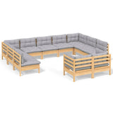 vidaXL 11-Piece Lounge Set with Grey Cushions Solid Pine Wood