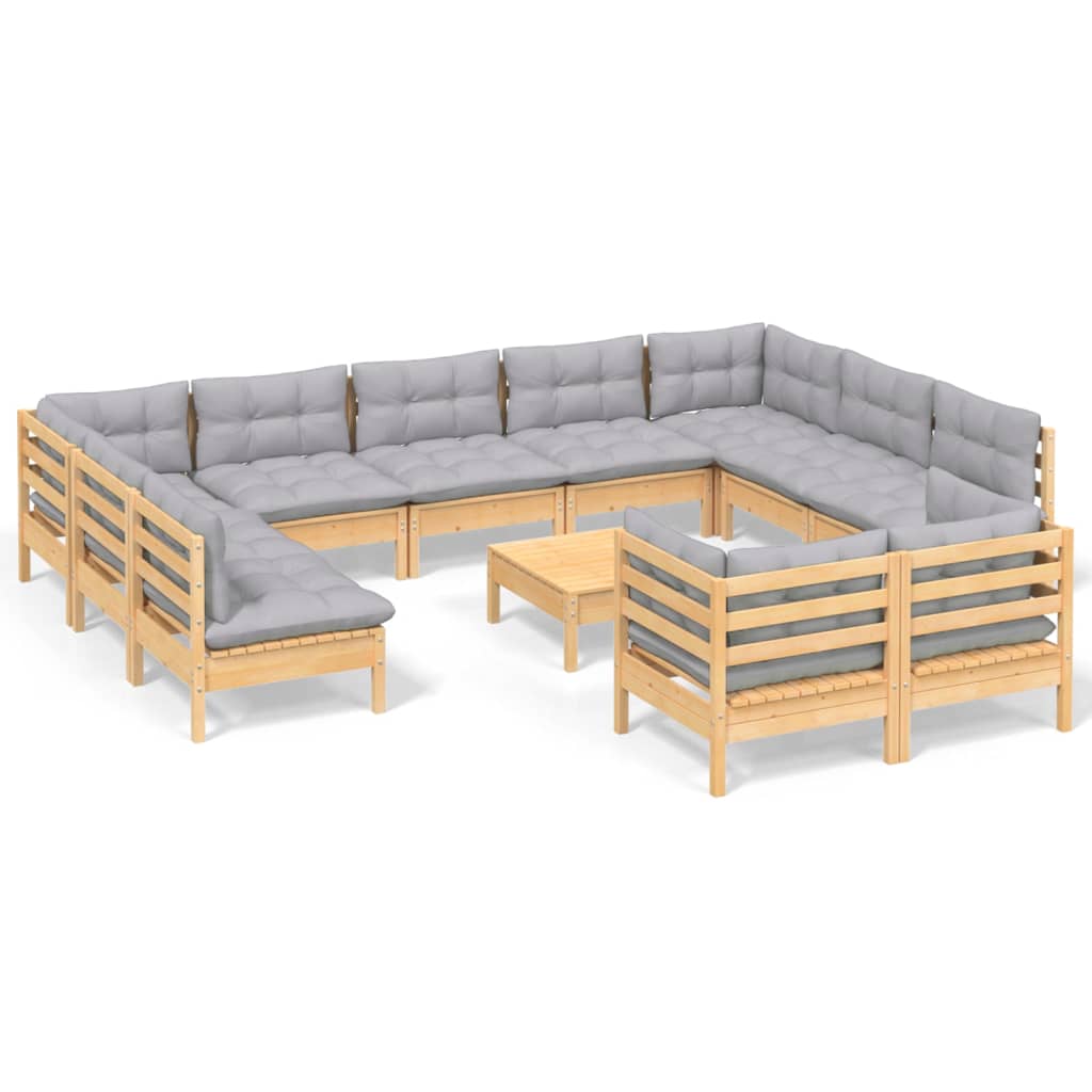vidaXL 12-piece Lounge Set with Grey Cushions Solid Pine Wood