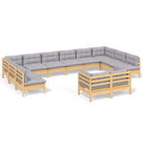 vidaXL 12-piece Lounge Set with Grey Cushions Solid Pine Wood