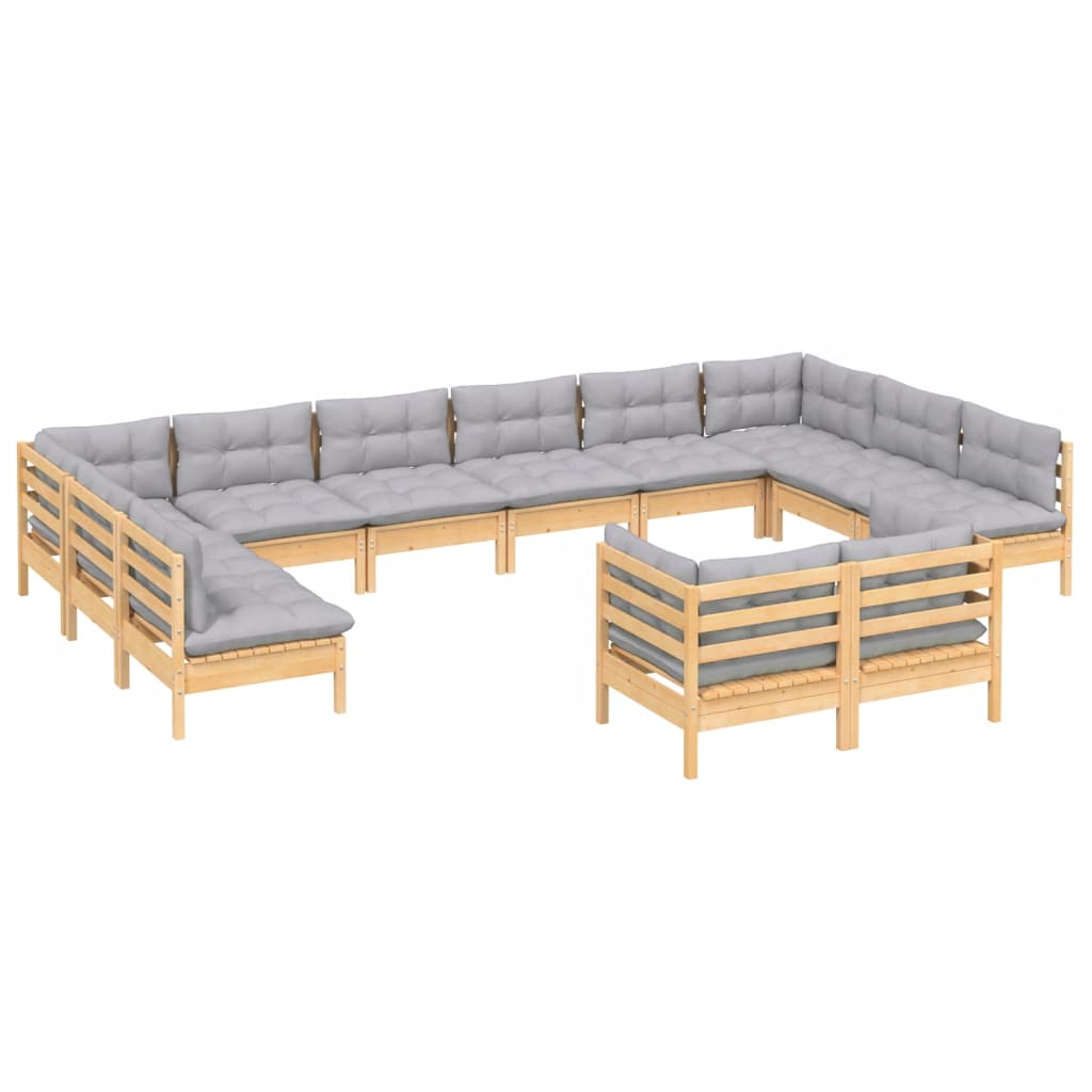 vidaXL 12-piece Lounge Set with Grey Cushions Solid Pine Wood