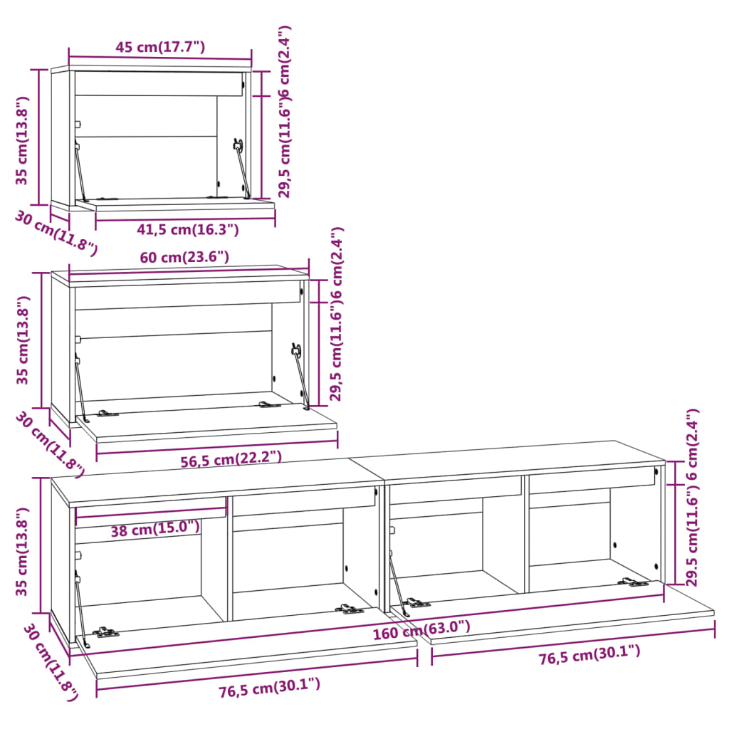 vidaXL TV Cabinets 4 pcs solid pine wood white