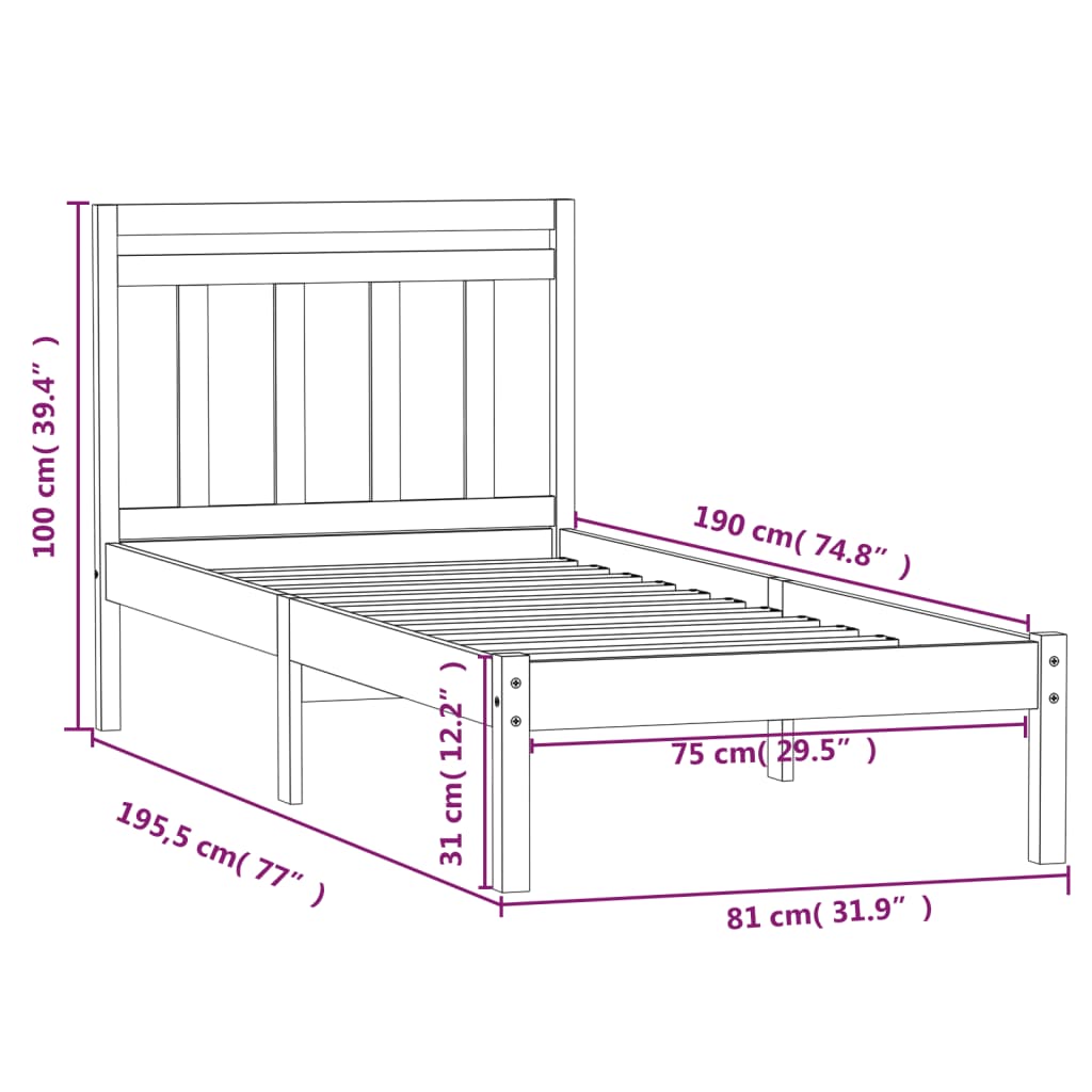 vidaXL Bedframe massief hout 75x190 cm