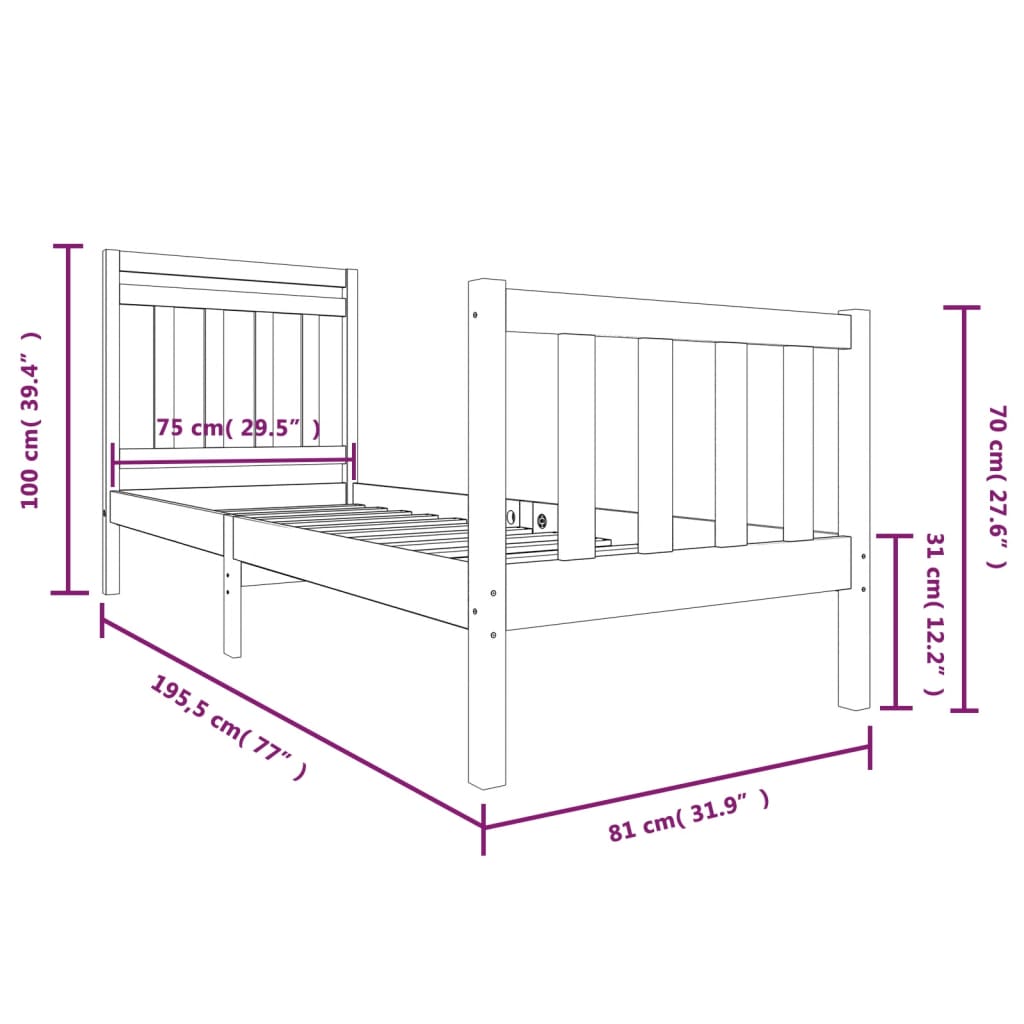 vidaXL Bedframe massief hout 75x190 cm