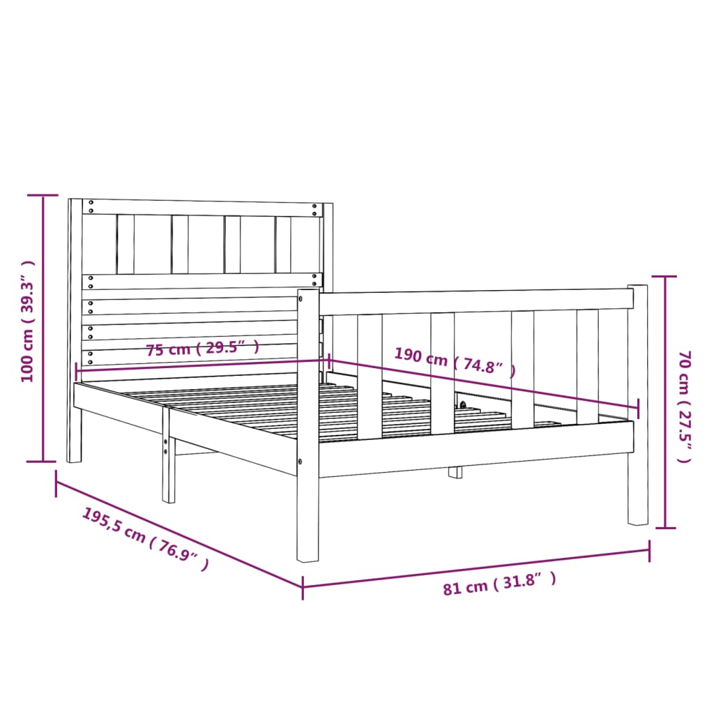 vidaXL Bedframe massief hout zwart 75x190 cm