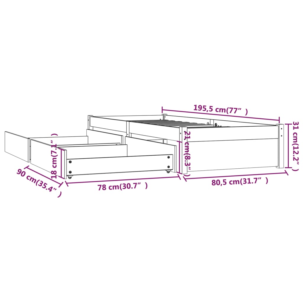 vidaXL Bedframe met lades 75x190 cm