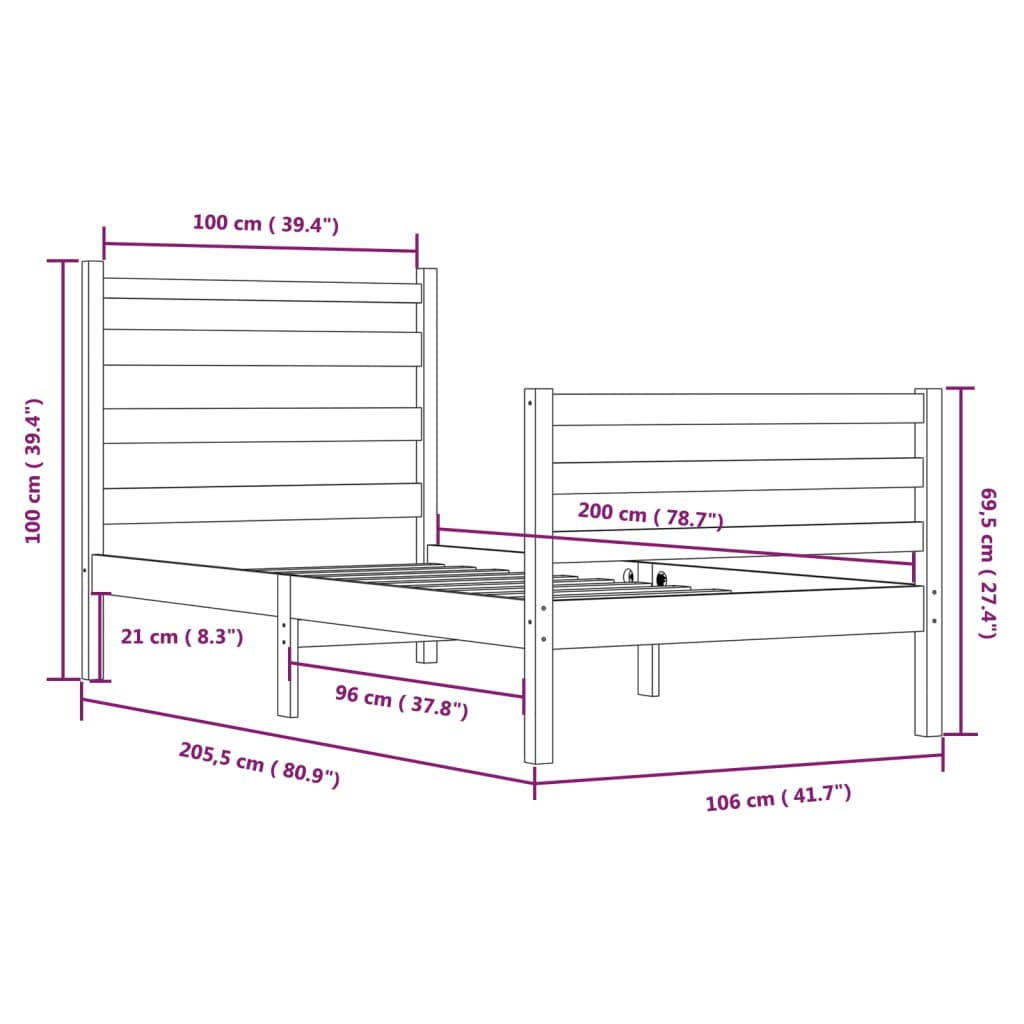 vidaXL Bed frame solid pine wood white 100x200 cm