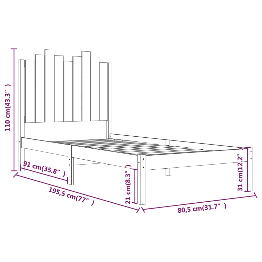 vidaXL Cadre de lit massif vert grenenhout noir 75x190 cm