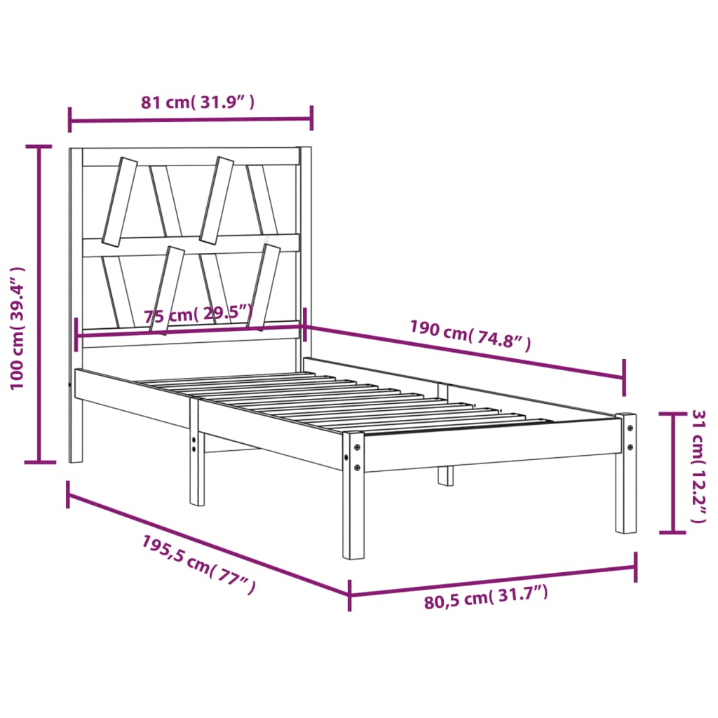vidaXL Bedframe massief grenenhout zwart 75x190 cm