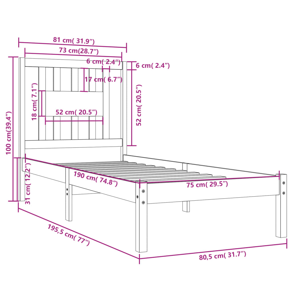 vidaXL Bed frame solid wood black 75x190 cm