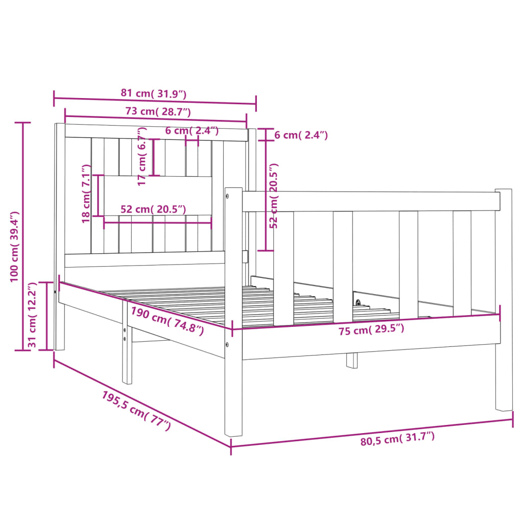 vidaXL Bed frame solid wood black 75x190 cm