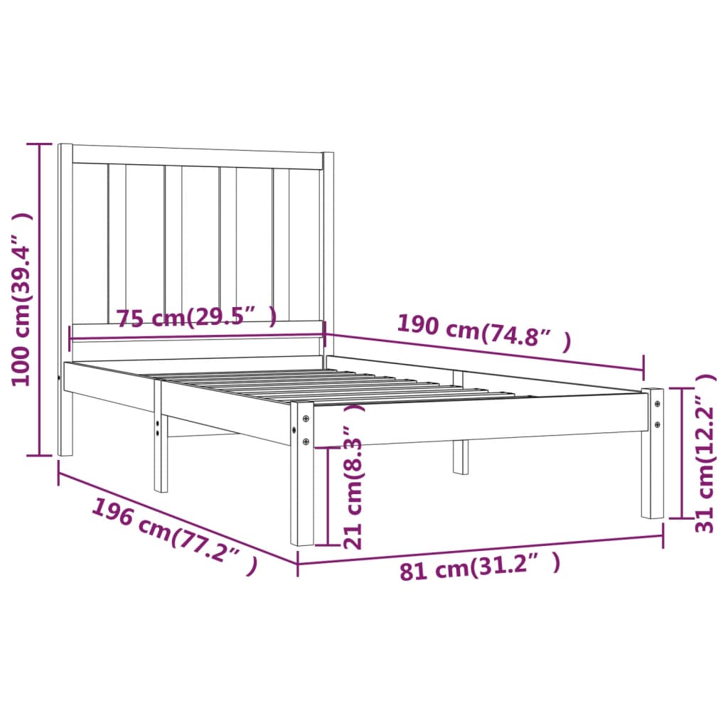 vidaXL Bedframe massief grenenhout wit 75x190 cm