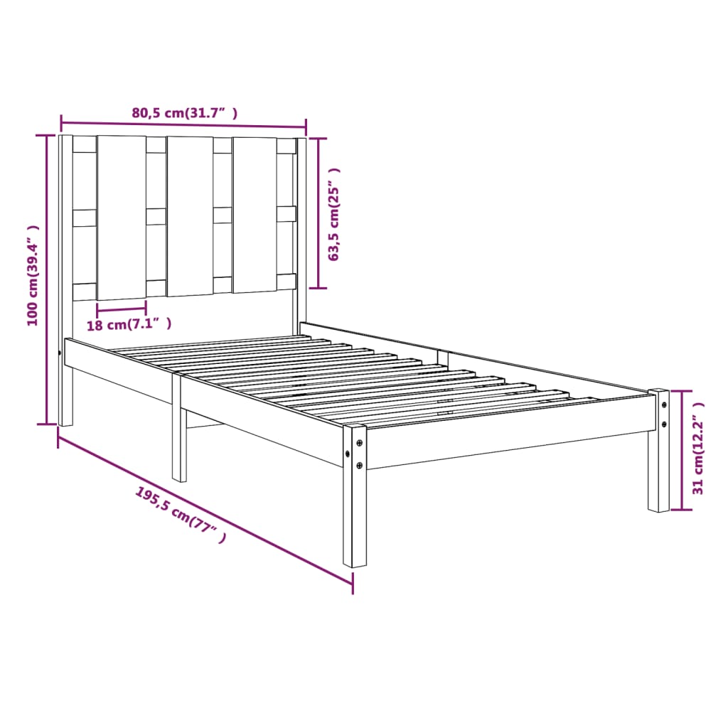 vidaXL Bedframe massief hout zwart 75x190 cm