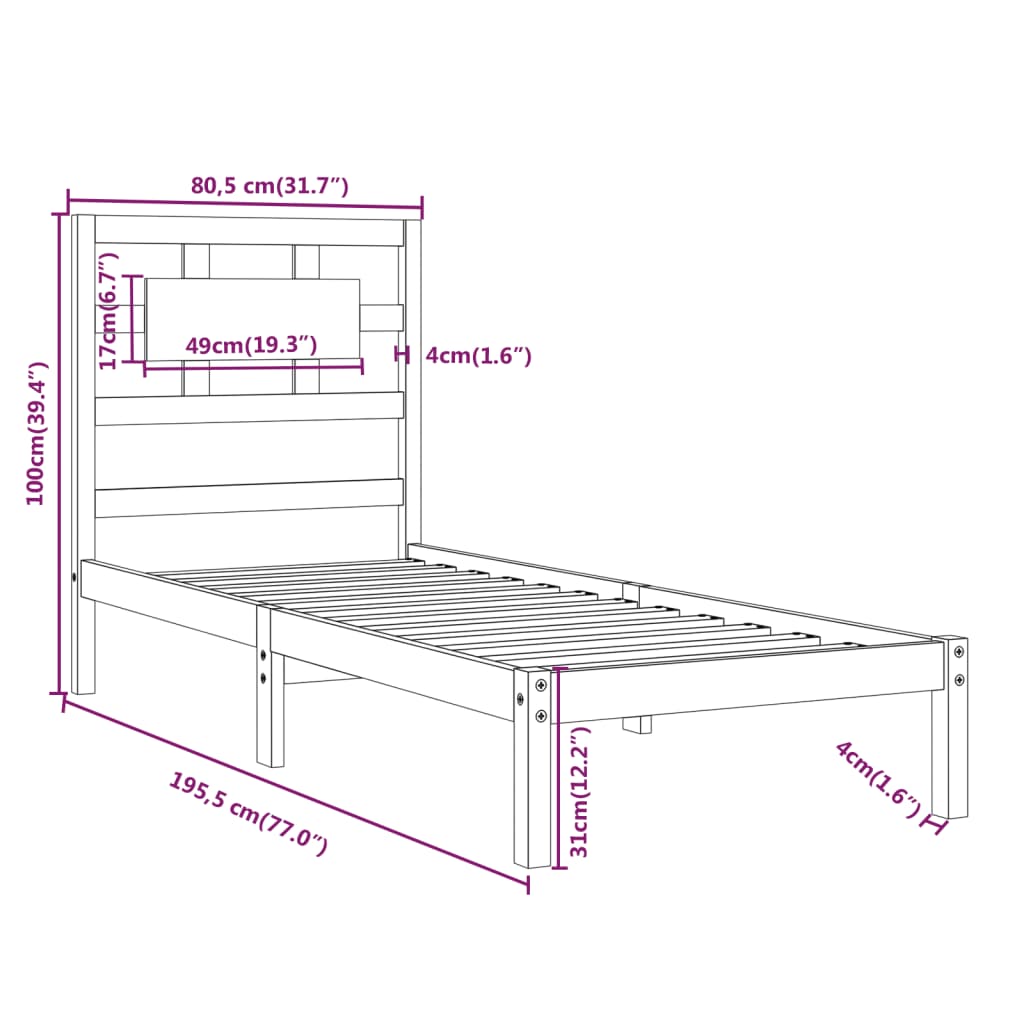 vidaXL Bedframe massief hout zwart 75x190 cm