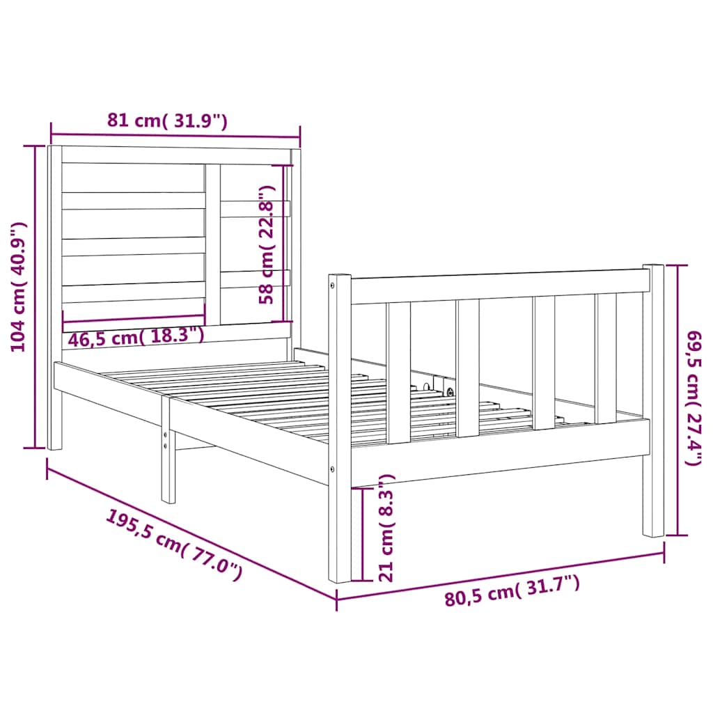 vidaXL Bedframe massief hout zwart 75x190 cm