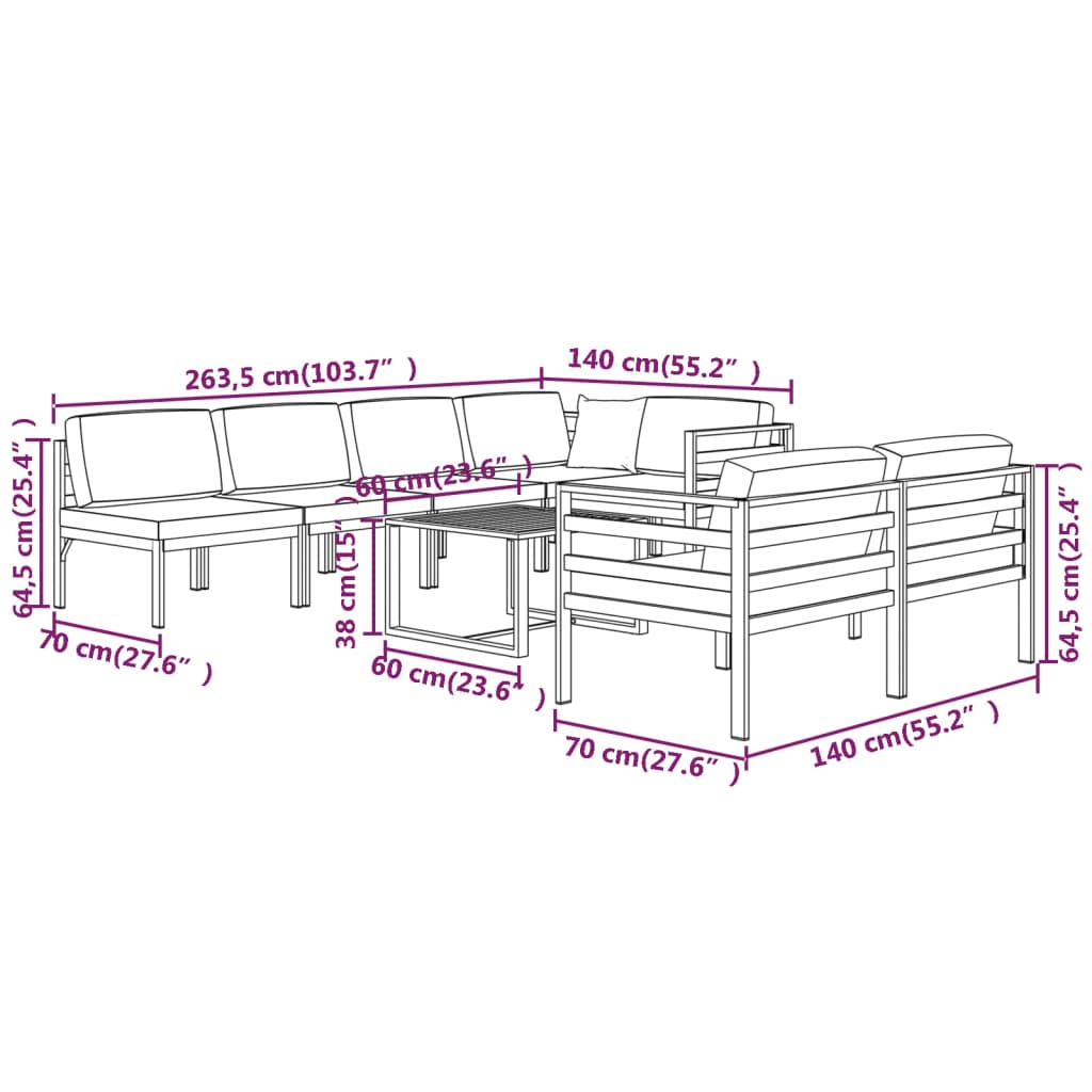 vidaXL 8-delige Loungeset met kussens aluminium antracietkleurig
