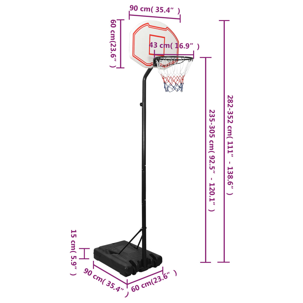 vidaXL Basketbalstandaard 282-352 cm polyethyleen wit