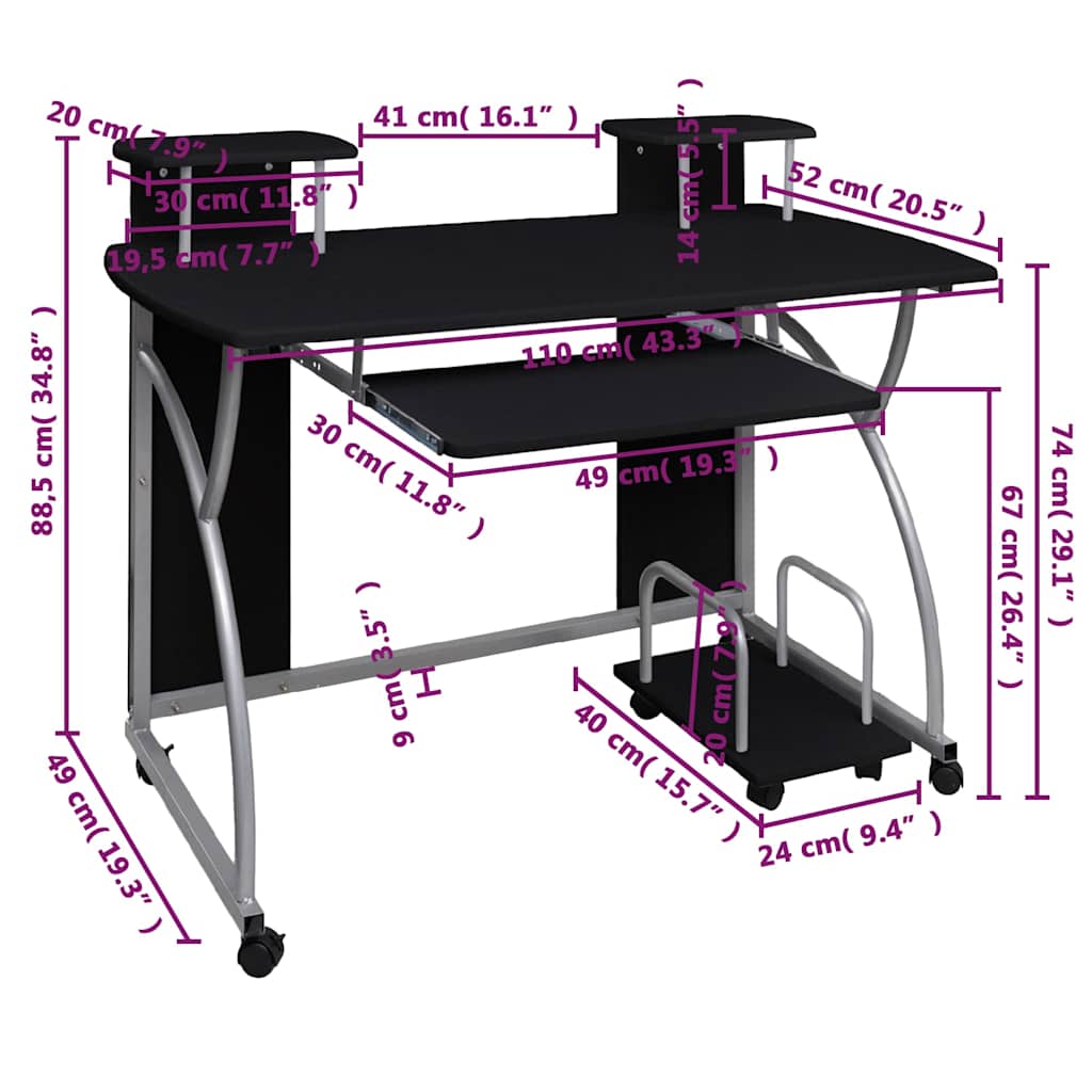 vidaXL Computerbureau 110x52x88,5 cm bewerkt hout zwart