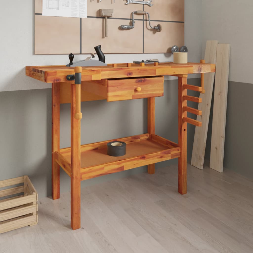 vidaXL Workbench with Drawer and Vises 124x52x83 cm Solid Acacia Wood