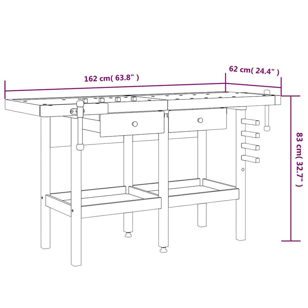 vidaXL Workbench with Drawers and Vices 162x62x83 cm Acacia Wood