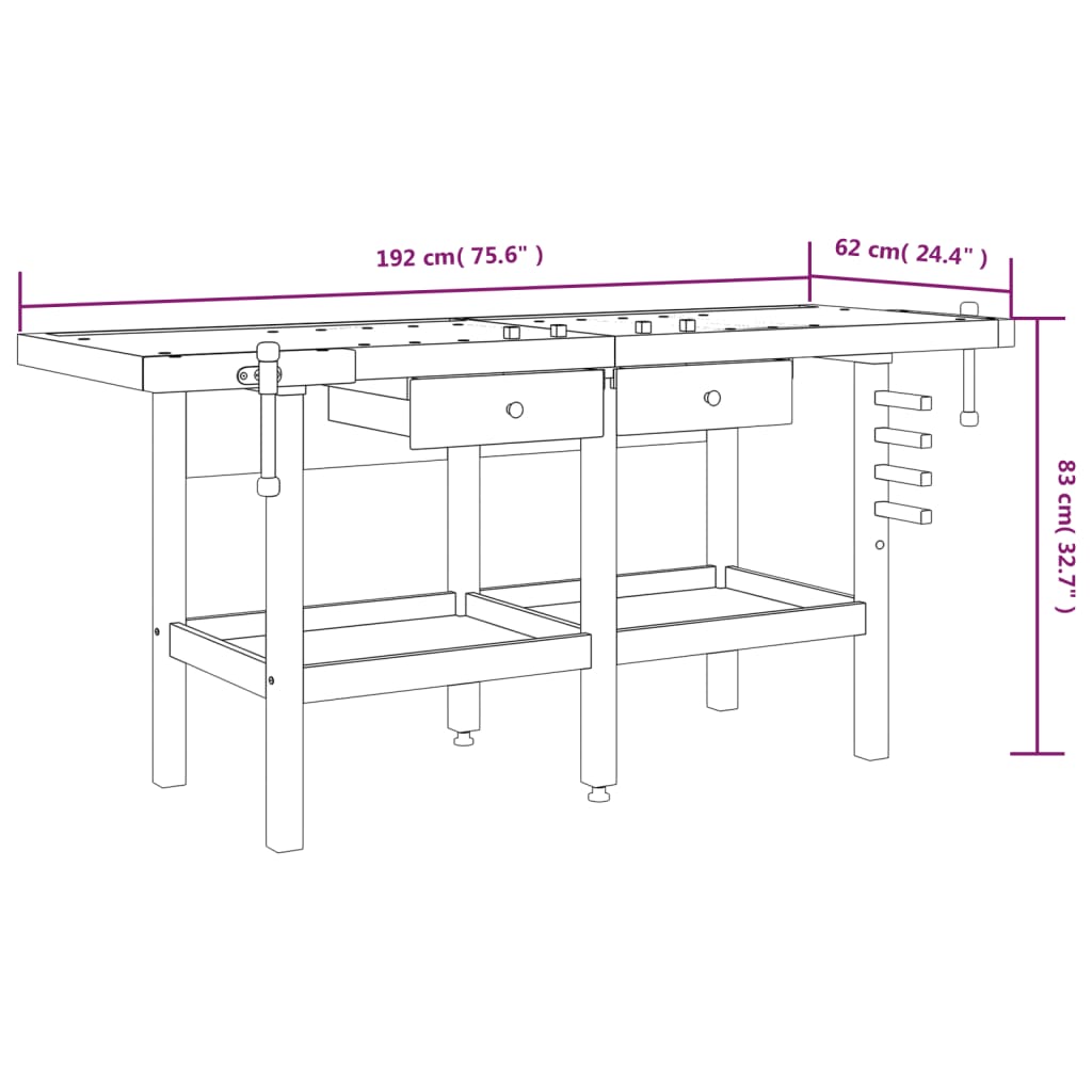 vidaXL Workbench with Drawers and Vices 192x62x83 cm Acacia Wood