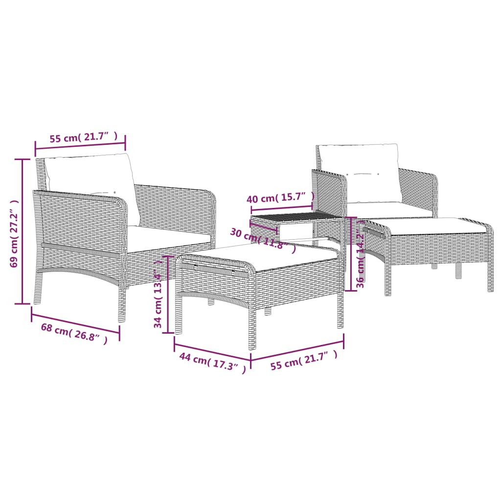 vidaXL 5-piece Lounge Set with Cushions Poly Rattan Brown
