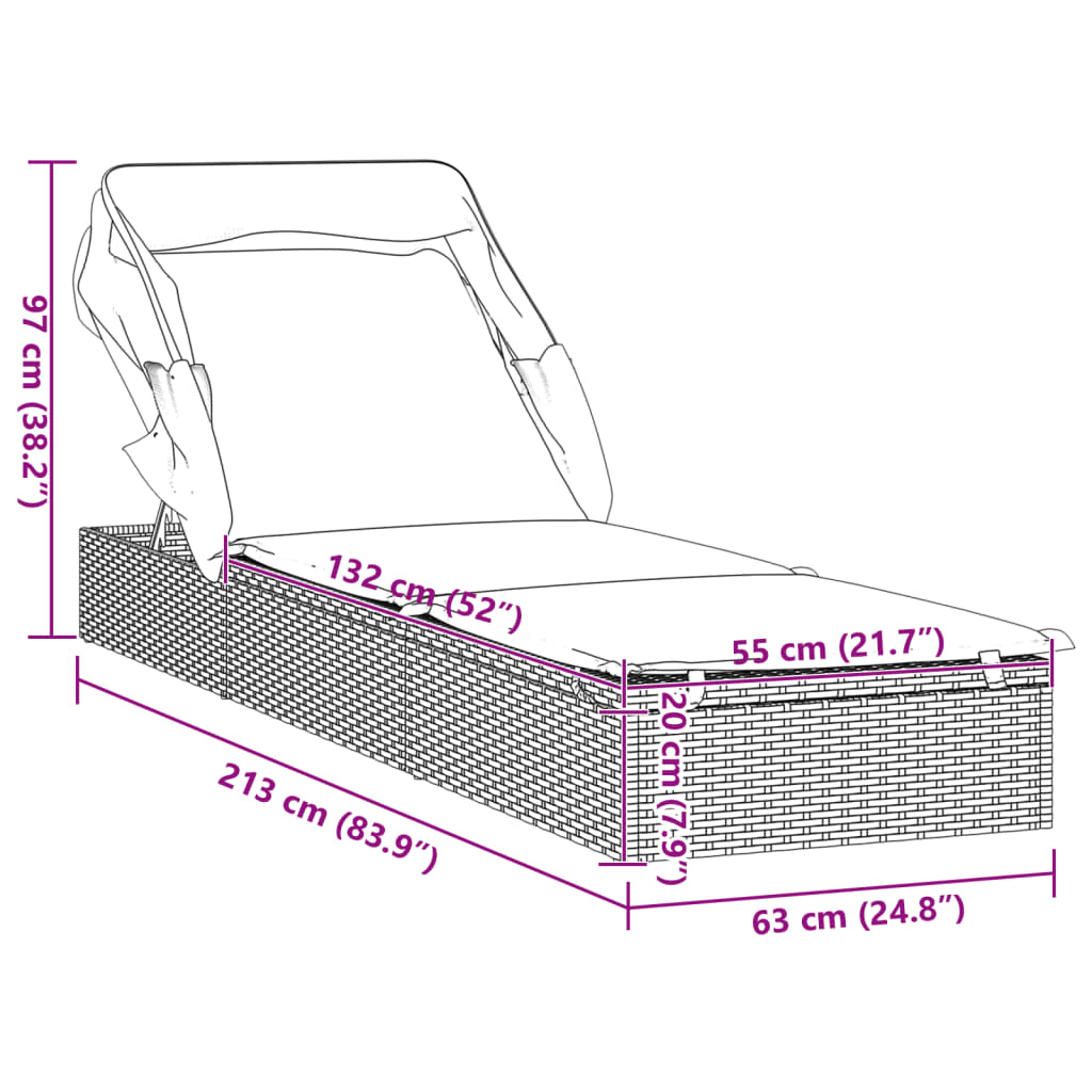vidaXL Ligbed met inklapbaar dak 213x63x97 cm poly rattan bruin