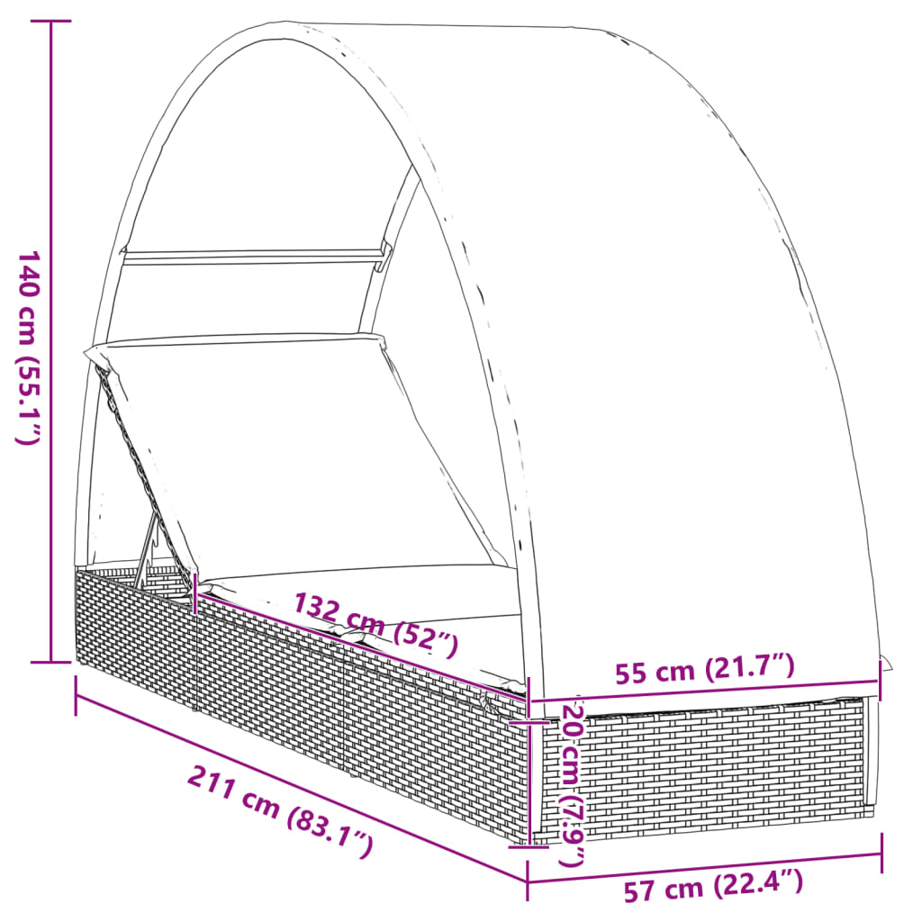 vidaXL Ligbed met rond dak 211x57x140 cm poly rattan grijs